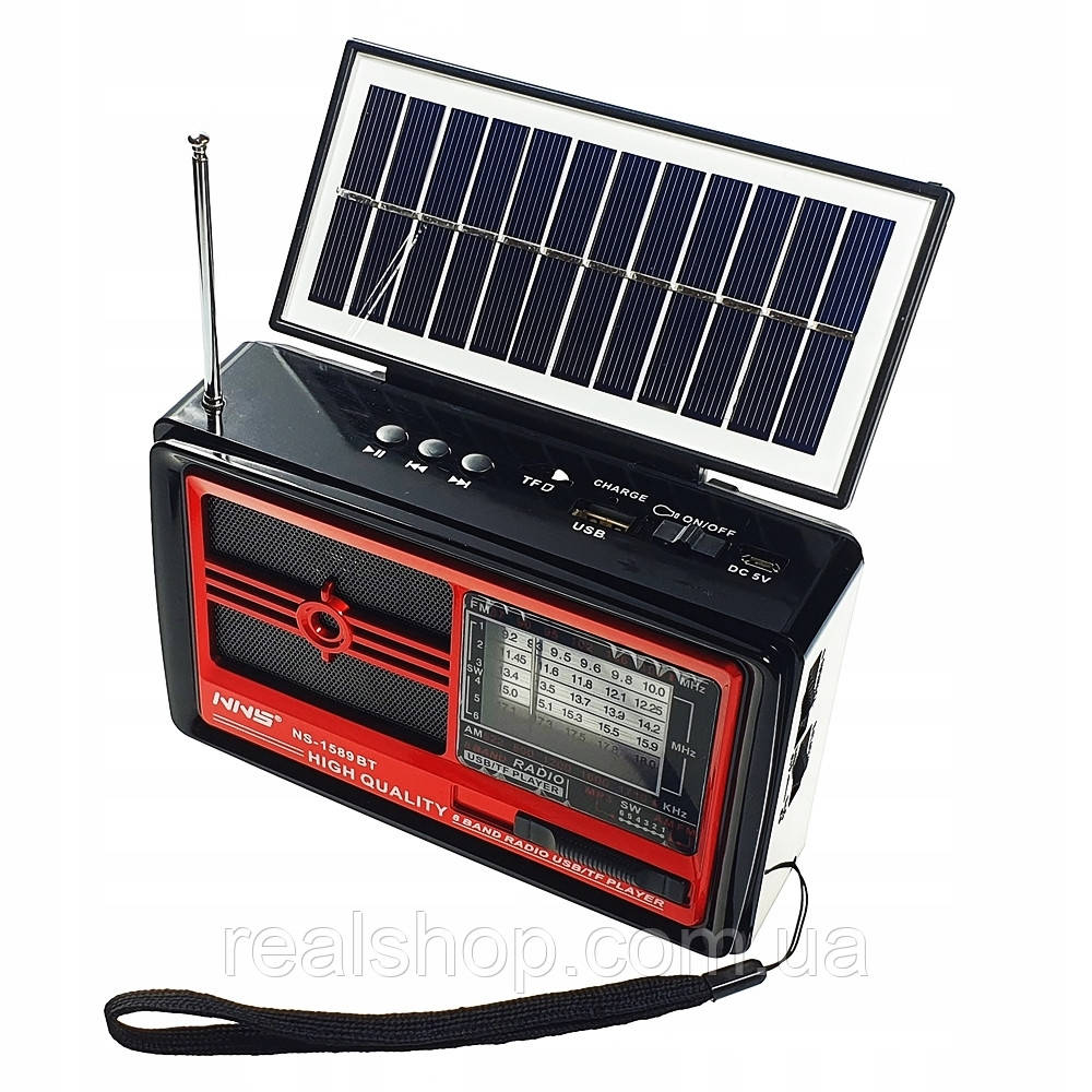 Радіопривідник NNS NS-1589BT з сонячною панеллю Червоний FM/AM/SW/USB/microSD(TF) LED ліхтар