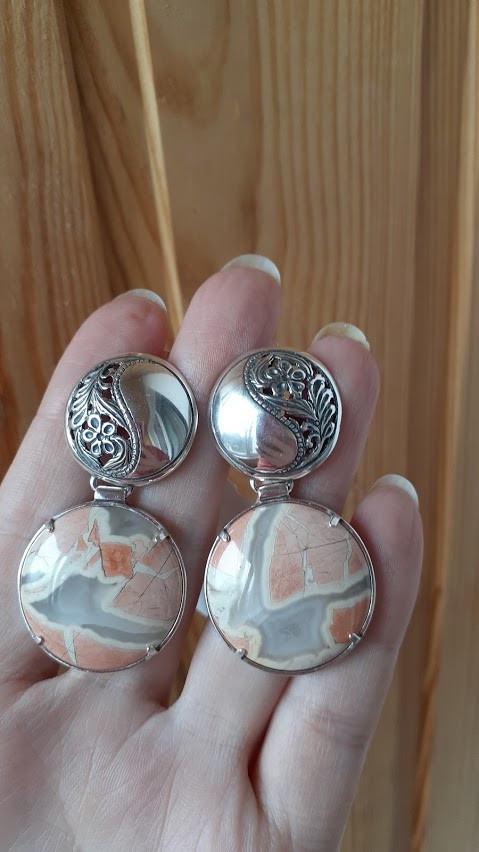 Срібні сережки з яшмою брекція, фото 1