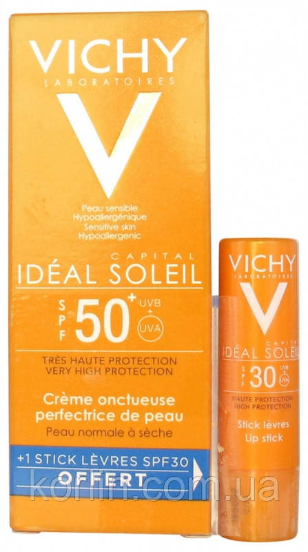 Vichy Ideal Soleil Velvety Cream SPF50 Сонцезахисний крем для обличчя потрійної дії + стик для губ