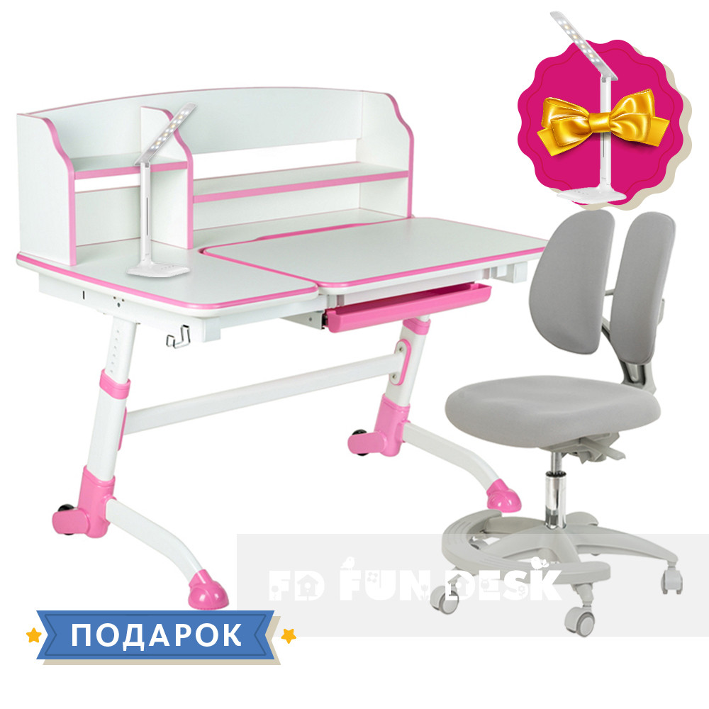 Комплект підліткова парта для школи Amare II Pink + підліткове крісло для дому FunDesk Primo Grey