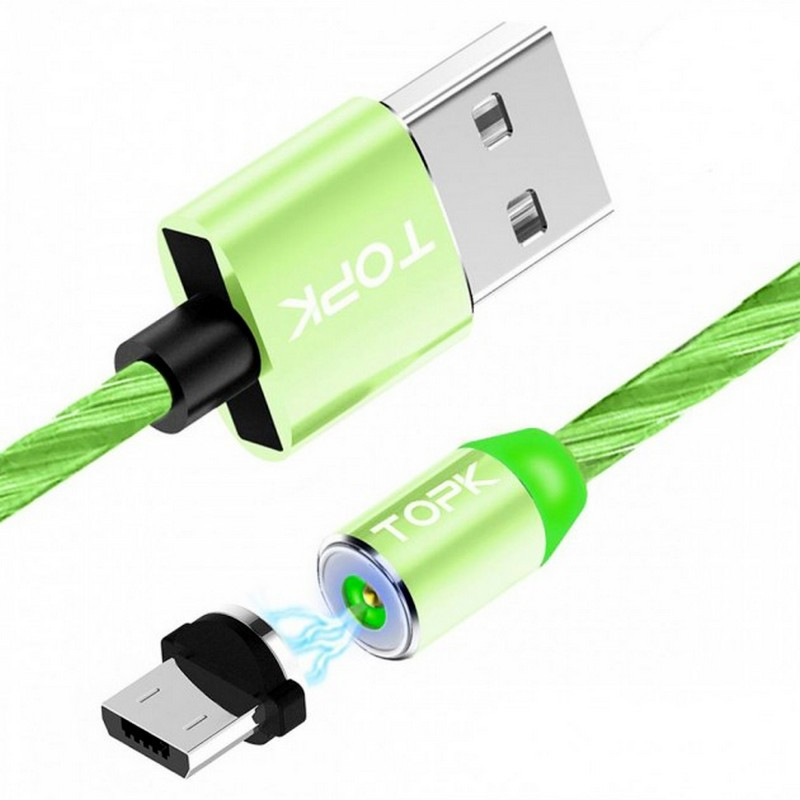 Світний магнітний кабель для заряджання Topk microUSB 1m 2.4 A 360° зелений (TK67U-VER2-GE)