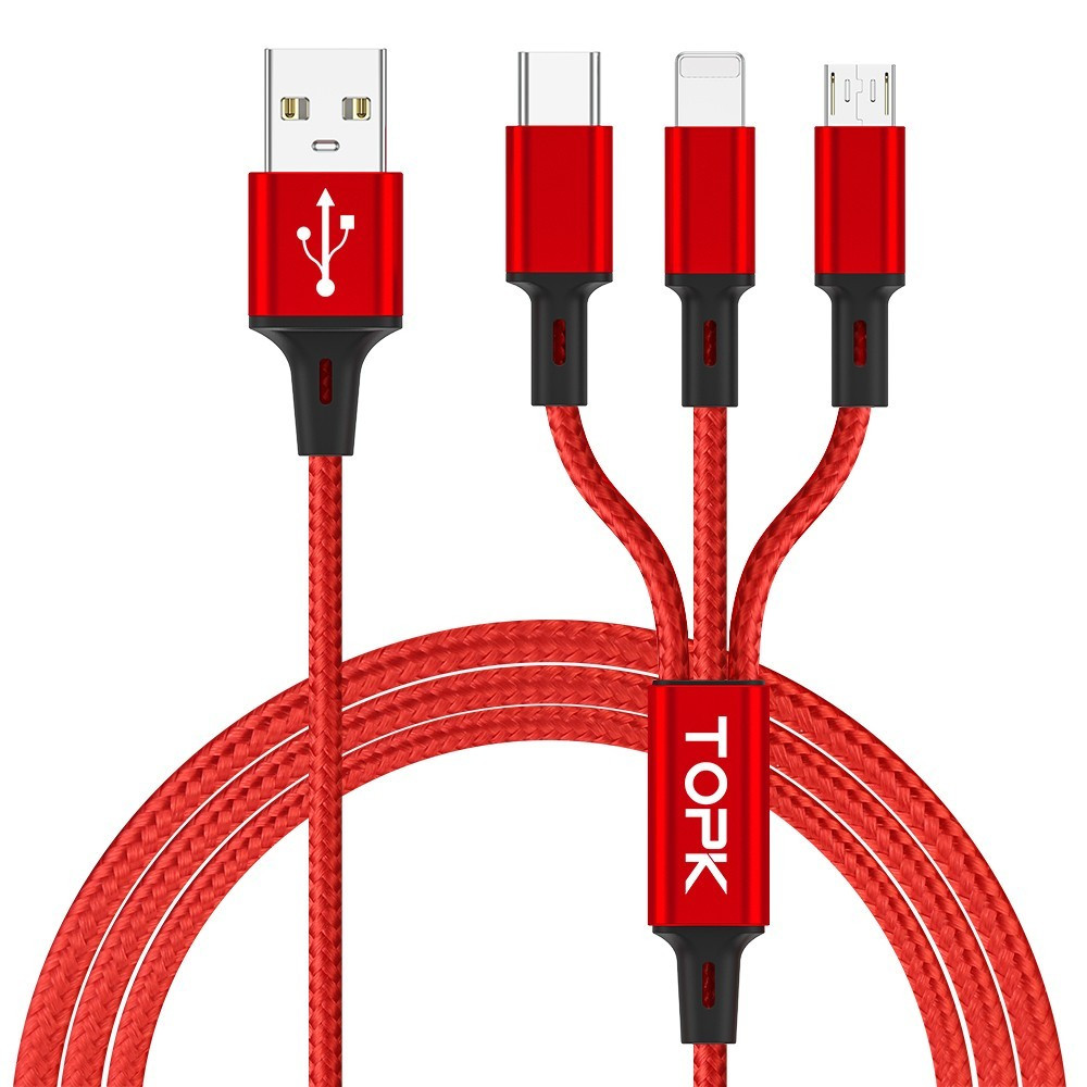 Кабель для заряджання Topk 3в1 MicroUSB, USB Type-C, IPhone 1.2m 2.4A нейлоновий червоний (TK20-3-RD)