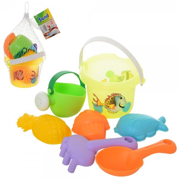 Набір для пісочниці відерце, лопатка, лійка, граблі, формочки, у сітці18-13-13 см