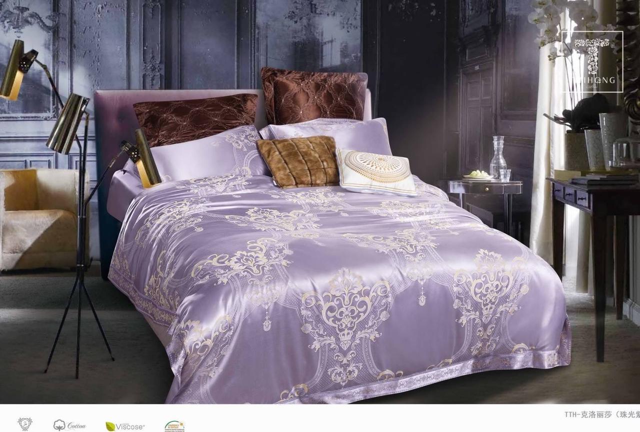 Постільна білизна сатин, жаккард із шовковою напиленням і вишивкою Bella Villa євро лілове, фото 1