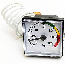 Термометр для котла квадратний (45мм*45мм) Tmax=120°С з капіляр довжиною 1 м.