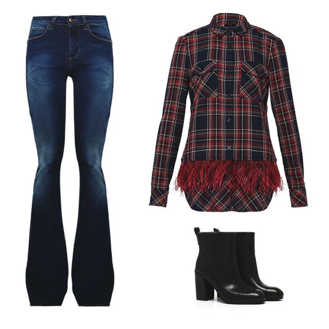 Liu Jo розкльошені джинси із завищеною талією, сорочка в клітку з пір'ям, півчобітки Coline