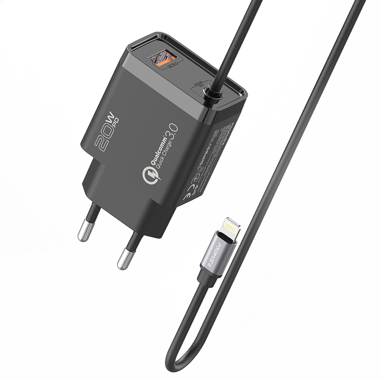 Мережевий зарядний пристрій Promate iCharge-PDQC3 20Вт PD Lightning connector+USB QC3.0 Black (icharge-pdqc3.black)