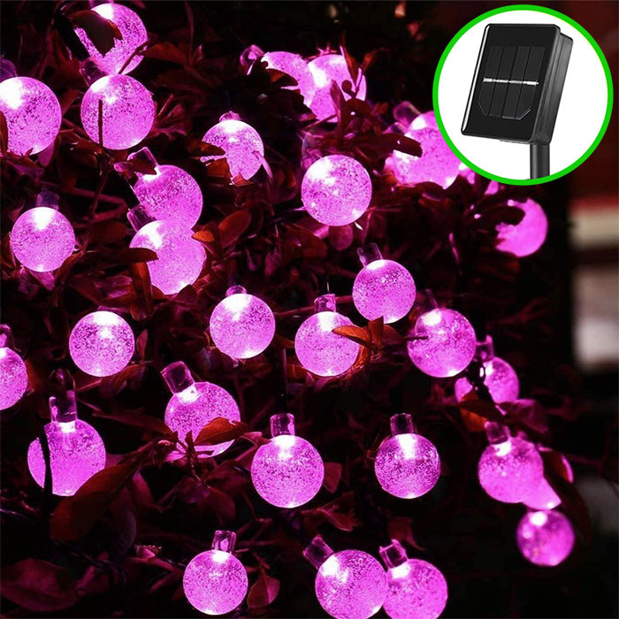 Світлодіодна гірлянда на сонячній батареї Кришталеві кульки 12 метрів 100led. Рожевий