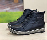 Черные зимние кожаные ботинки на натуральном меху на молнии и шнуровке