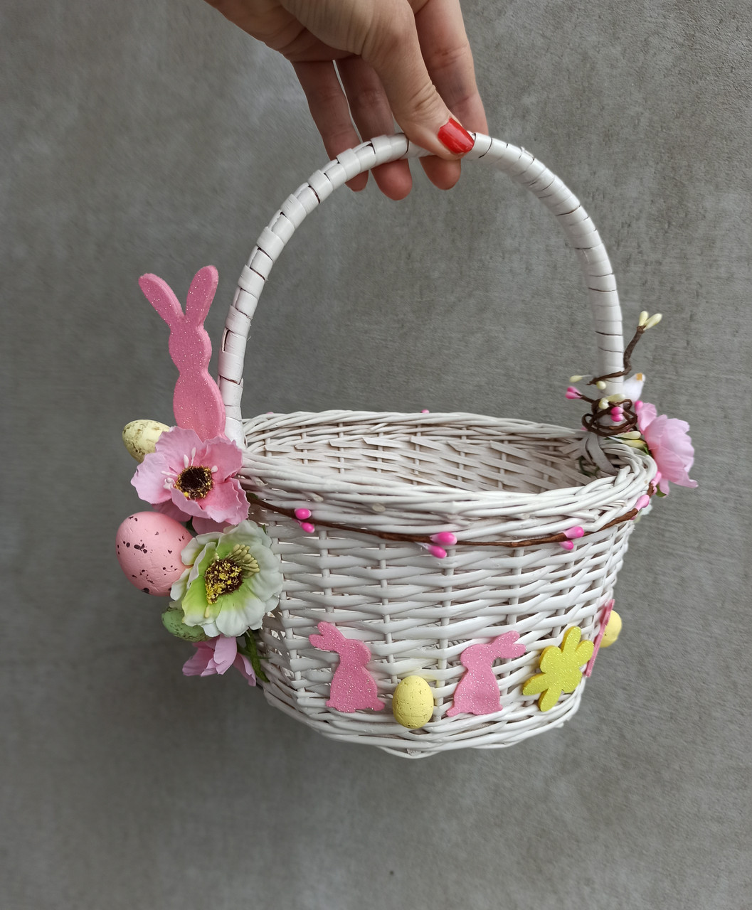 Білий Дитячий пасхальний кошик з зайчиками для дівчаток, фото 1