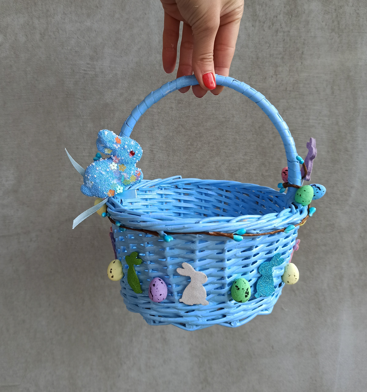 Блакитний дитячий пасхальний кошик з зайчиками для хлопчиків, фото 1