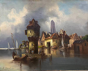 Картина Місто біля моря 19 століття худ. F. Herink, фото 2