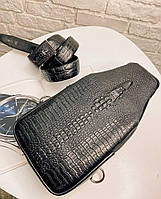 Мужская кожаная сумка слинг под кожу крокодила черная, мужские сумки под кожу питона, сумки под кожу змеи, 881