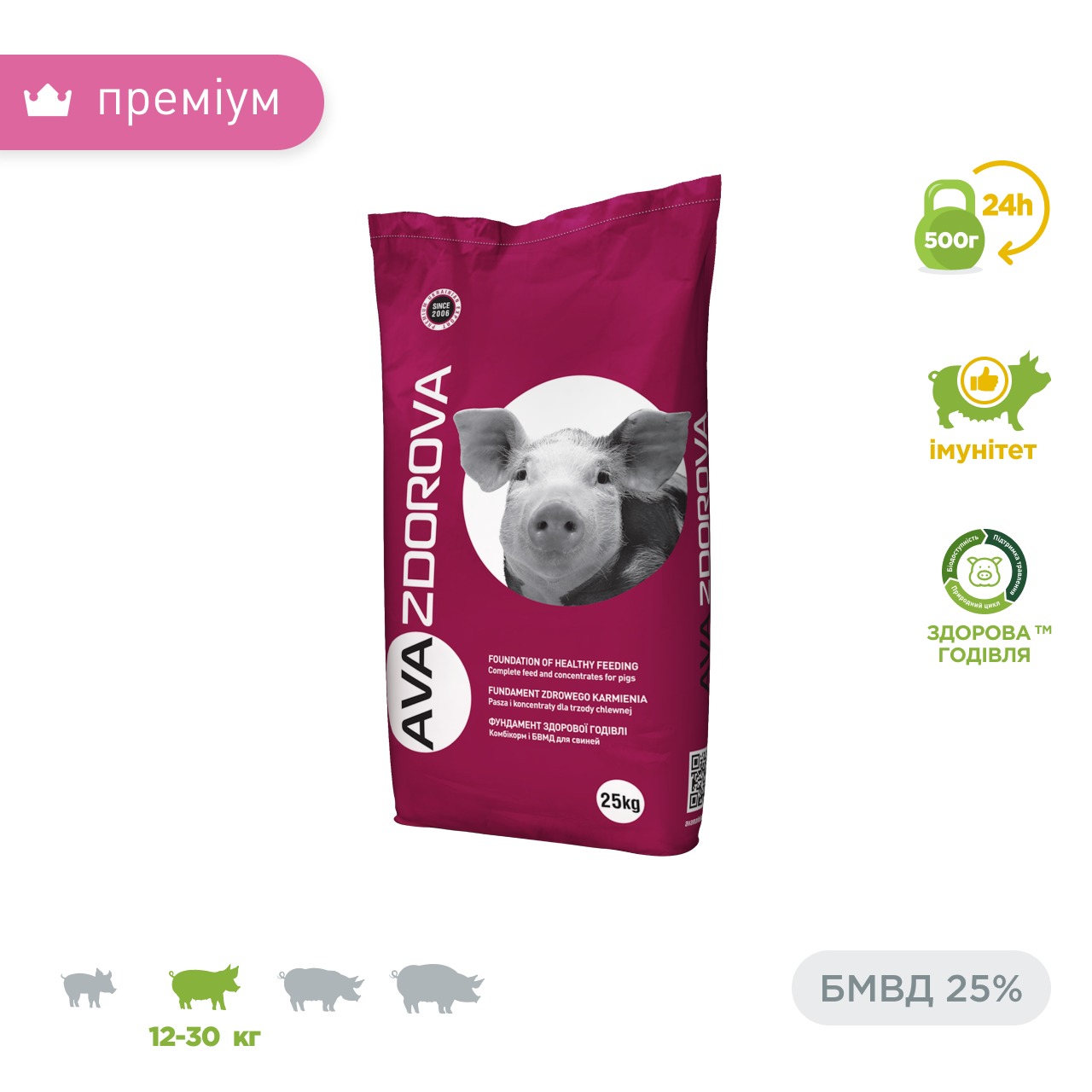 БМВД для поросят вітамінна добавка свиням 12-30 кг. AVA ZDOROVA (Здорова) Старт 25% Фасовка 25 кг