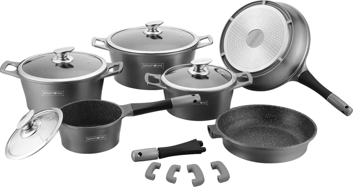Набір жароміцних каструль сковорідка сотейник з кришками Royalty Line RL-ES2014 Silver 14 пр, фото 2