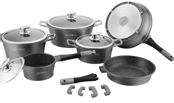Набір жароміцних каструль сковорідка сотейник з кришками Royalty Line RL-ES2014 Silver 14 пр, фото 2