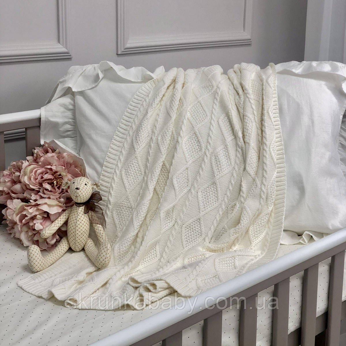 Плед в'язаний Ромб-Коса Молочний, фото 1