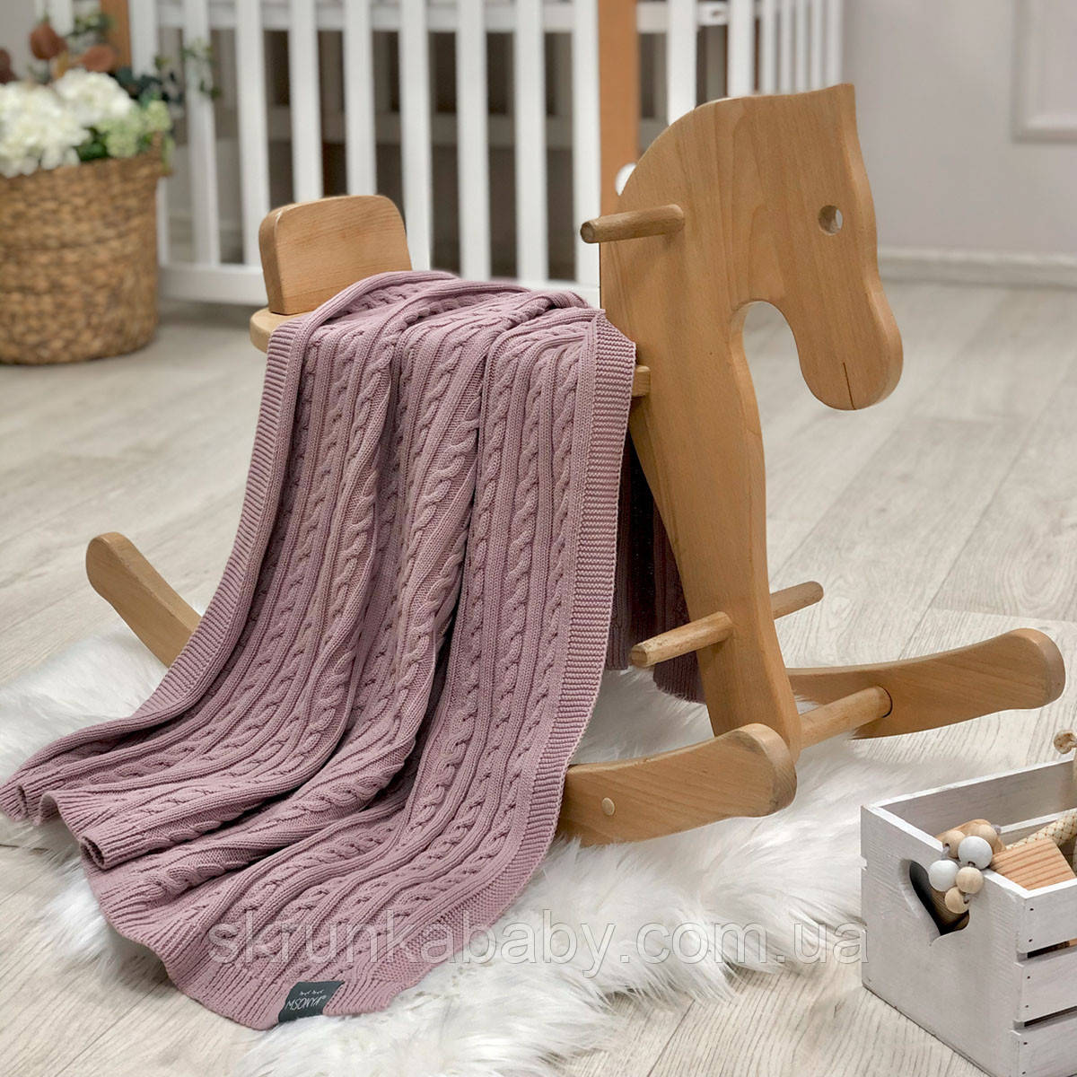 Плед бавовна в'язаний Коса суха троянда, фото 1