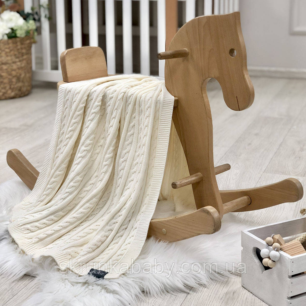 Плед бавовна в'язаний Коса (колір молочний), фото 1