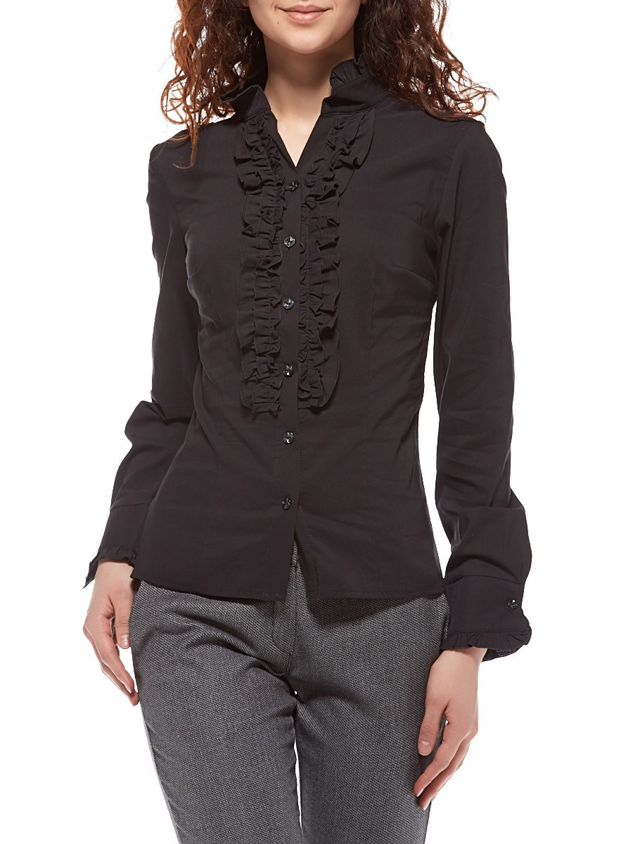 Чорна ділова сорочка з рюшами