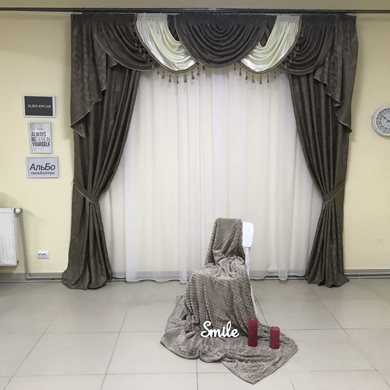Ламбрекен для спальні квартири, жакардовий ламбрекен в спальню, ламбрекен в кімнату Кавовий (LS-326-6)