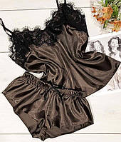 Атласная пижама майка шорты с кружевом 020-1 коричневый.
