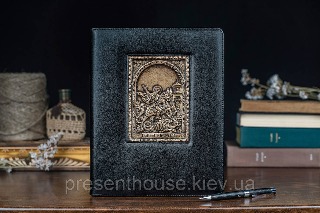 Блокнот шкіряний Святий Георгій (чорний) А4+ недатований, змінний блок, фото 1