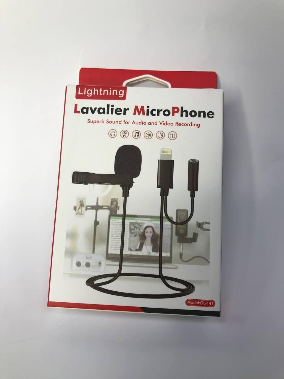 Петличний мікрофон lavalier GL-141 Lightning для iPhone iPad з додатковим роз'ємом AUX Jack 3.5