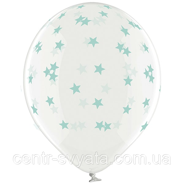 Латексна кулька BELBAL 12"(30 см) Зірки маленькі м'ятні (на прозорому)