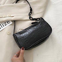 Женская маленькая сумка багет на пластиковой цепочке ремешке рептилия багет черная