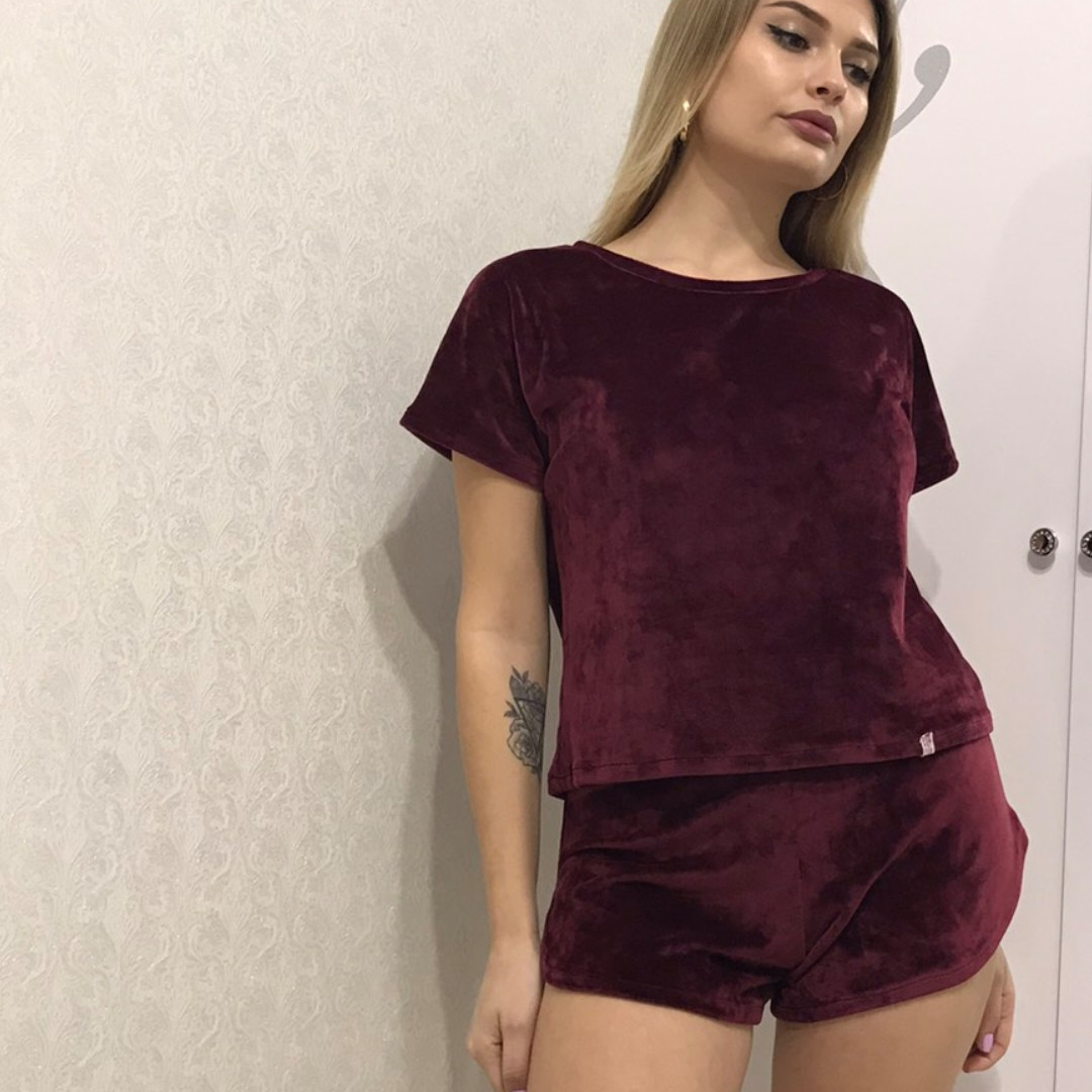 Жіноча піжама "Футболка шорти", велюр на х/б основі (плюш), колір "бордо" т.м. Lekol
