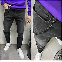 Мужские джинсовые потертые штаны черного цвета (черные) зауженные, мужские джинсы с латками Турция