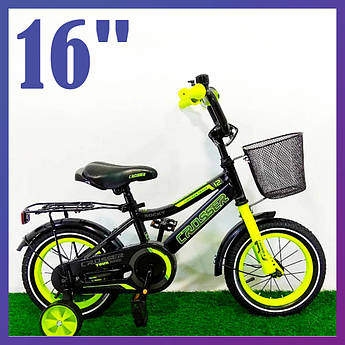 Велосипед дитячий двоколісний із кошиком Crosser Rocky 16" зріст 100-120 см вік 4 до 7 років чорно-салатовий