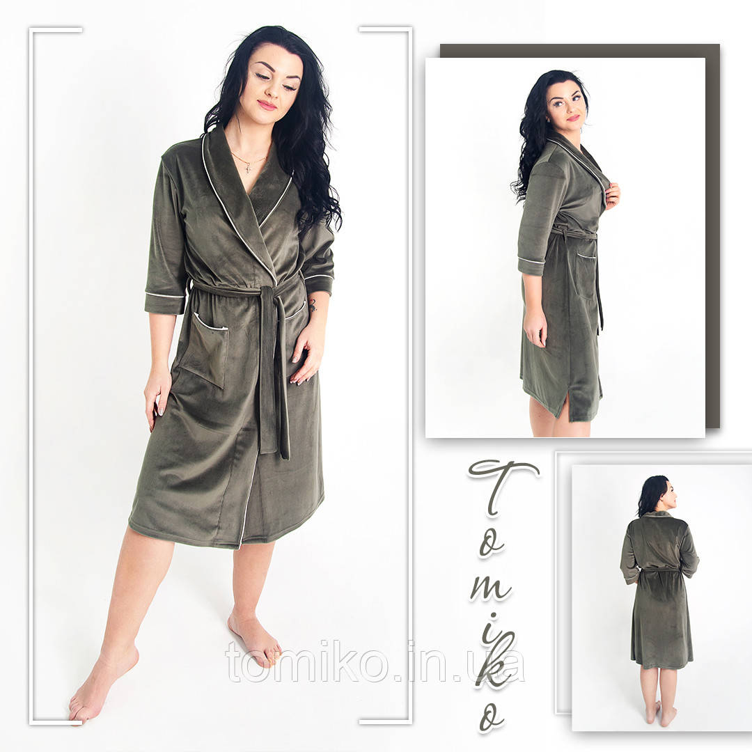 Халат Жіночий на запах з плюшевого велюру кант хакі шаль, фото 1