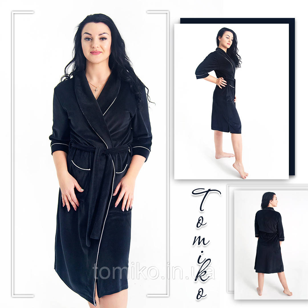 Халат Жіночий з плюшевого велюру на запах шаль з кантом чорний, фото 1