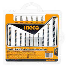 Набір свердла для металу, свердла для бетону, біти 16 шт INGCO