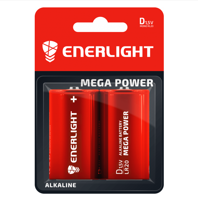 Батарейка ENERLIGHT MEGA POWER D (Бочка) АЛКАЛАЙН (БЛІСТЕР) 4823093503403, фото 1