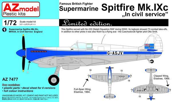 Пластикова модель 1/72 AZ model 7477 Supermarine Spitfire Mk.IXc In vivil service (4x camo)