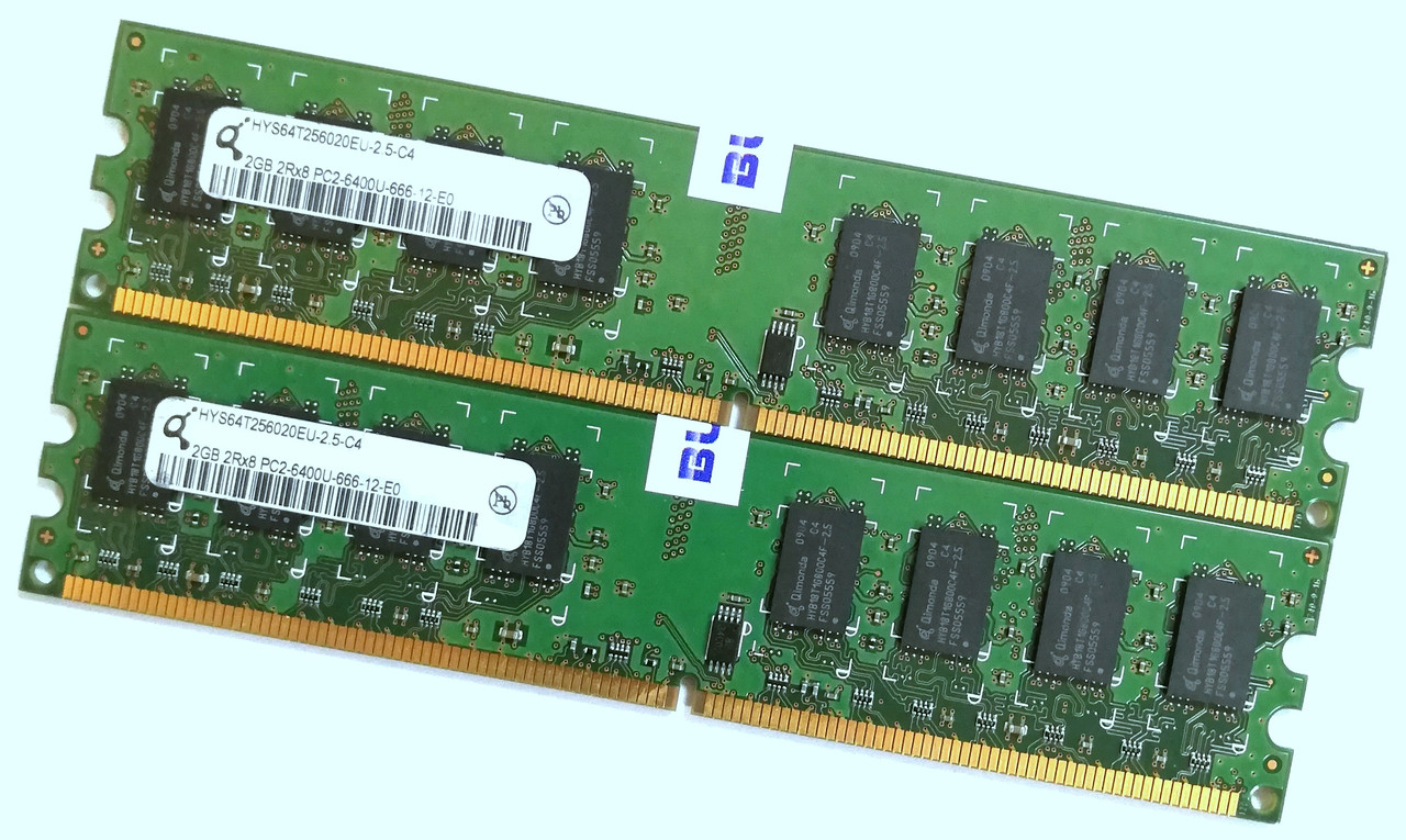 Пара оперативної пам'яті Qimonda DDR2 4Gb (2Gb+2Gb) 800MHz 6400U 2R8 CL6 (HYS64T256020EU-2.5-C4) Б/У