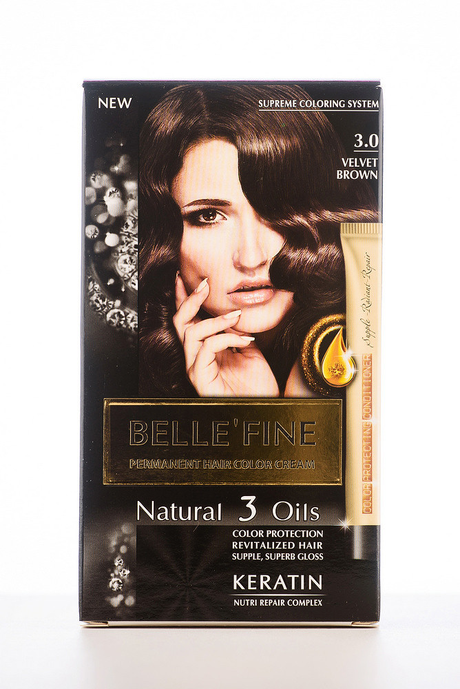Стійка крем-фарба для фарбування волосся 3.0 Бархатисто-коричневий BELLE'FINE, фото 1