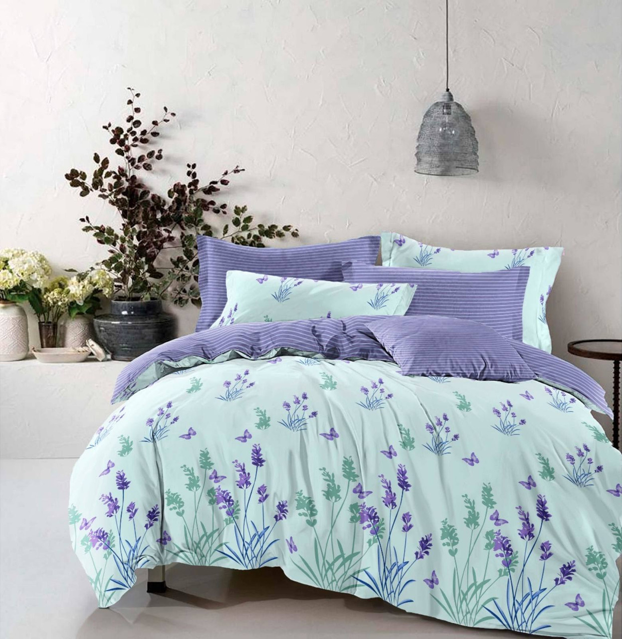 Постільна білизна бязь GOLD євро розміру - Лаванда голубий фон