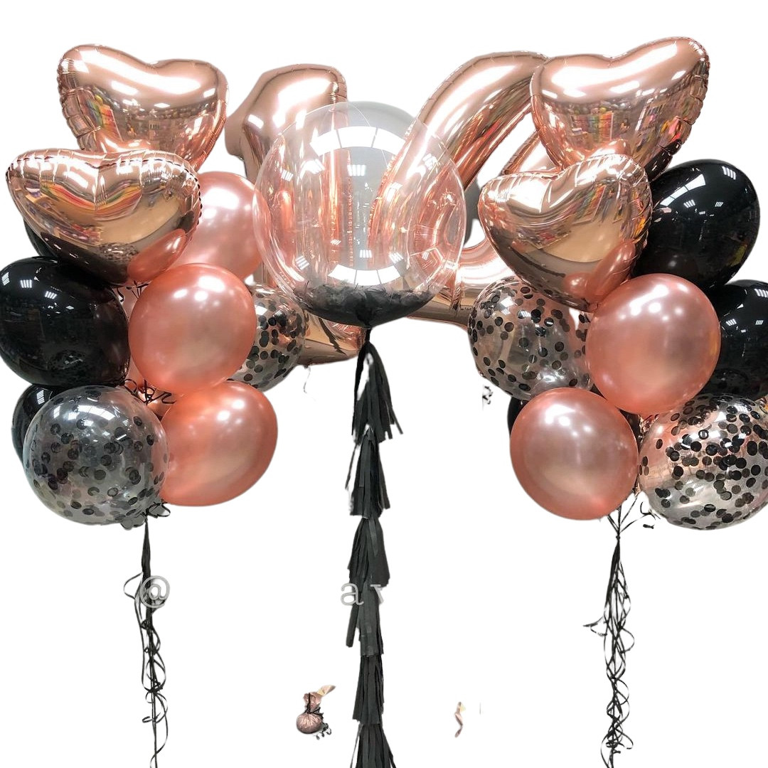 Композиції з повітряних куль на день народження і фольговані кулі цифри в рожевому золоте