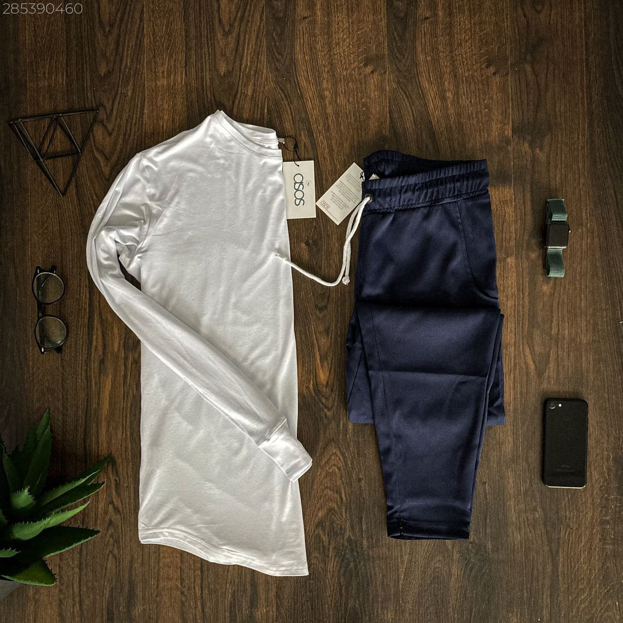 Стильний чоловічий комплект білий лонгслів сині штани Розміри: S, M, L, XL