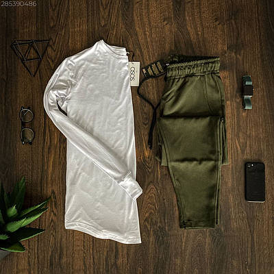 Стильний чоловічий комплект білий лонгслів хакі-штани Розміри: S, M, L, XL