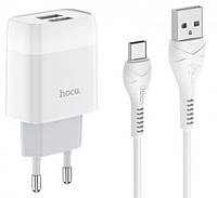 Сетевое зарядное устройство для телефона + кабель USB Type-C Android HOCO C73A |2USB, 2.4A| Белый