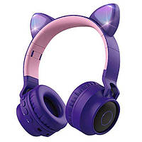Беспроводные детские Наушники с подсветкой с Ушками + FM-Радио + MicroSD Cat Ear BT028C Фиолетовые