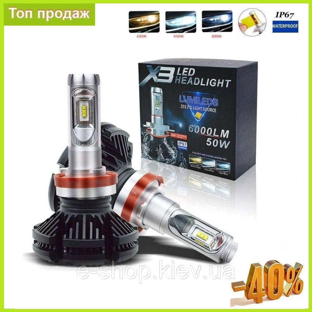 LED Лампи для автомобільних фар X3 H7 6000Lm 6500K Світлодіодні лампочки для авто h7, фото 1