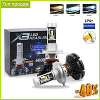 LED Лампи для автомобільних фар X3 H4 6000Lm 6500K Світлодіодні лампочки для авто h4