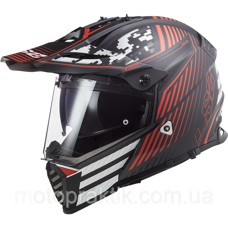 LS2 MX436 PIONEER EVO SATURN MATT BLACK RED, XS Мотошолом ендуро (мотард) з окулярами