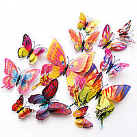 3D- метелики для декору подвійні — 12 шт. Наклейки-метелики на стіну "Різнобарвні".